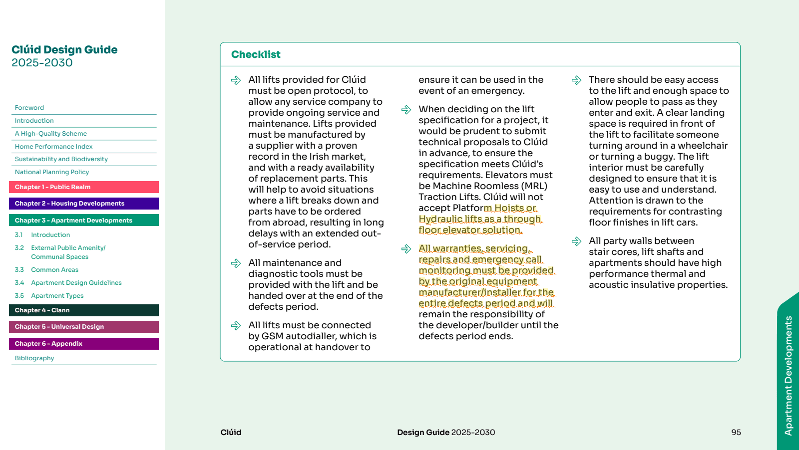 Excerpt from 1_2. Pre Qualification-2. Pre Qualification-Appendices-Cluid_Design-Guide-2025-2030_D8_digital.pdf page 95 highlighting: 'All warranties, servicing, repairs and emergency call monitoring must be provided by the original equipment manufacturer…'