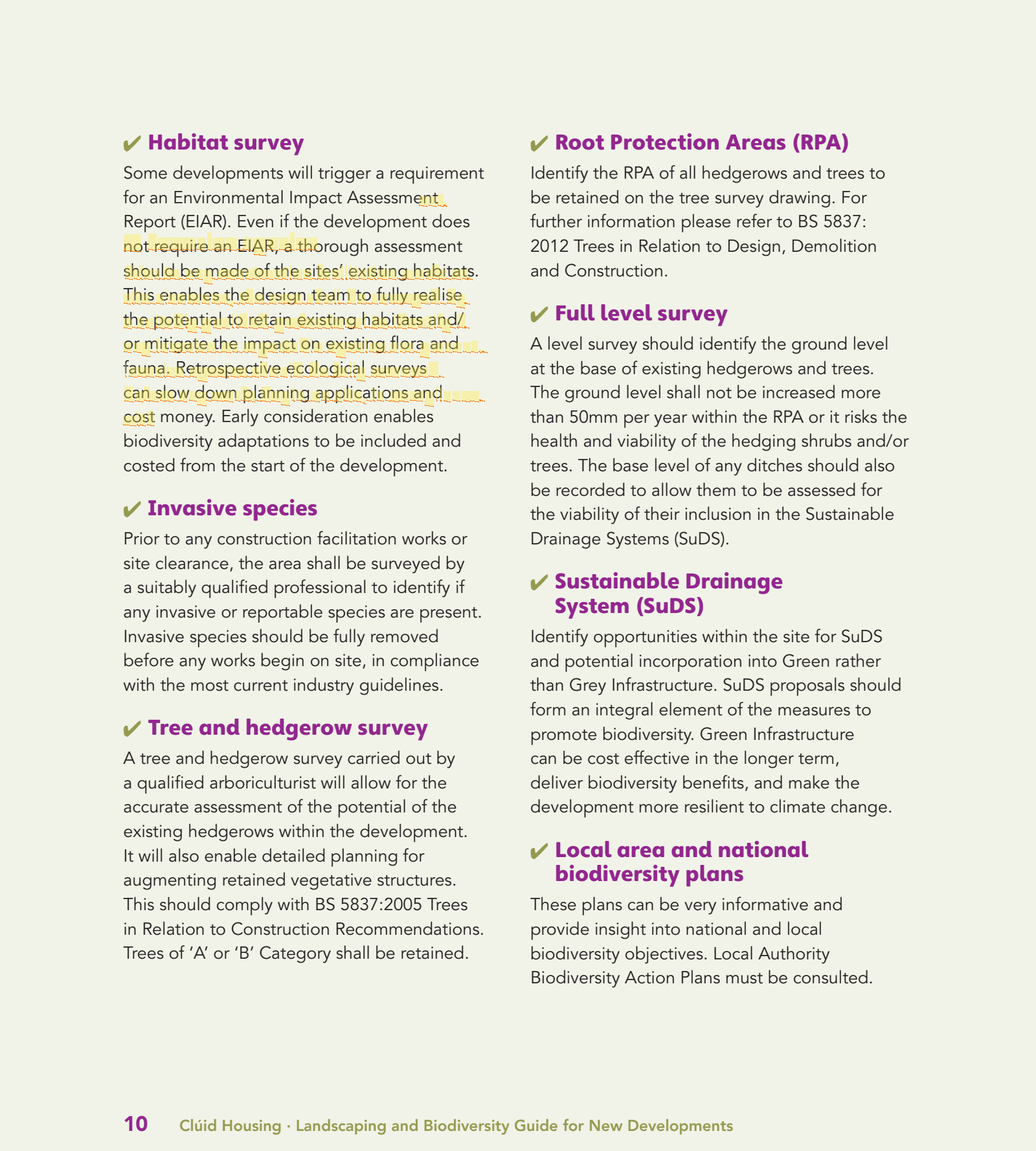 Excerpt from 1_2. Pre Qualification-2. Pre Qualification-Appendices-4. Landscaping and Biodiversity Guide.pdf page 10 highlighting: 'Prior to any construction facilitation works or site clearance, the area shall be surveyed by a suitably qualified profe…'