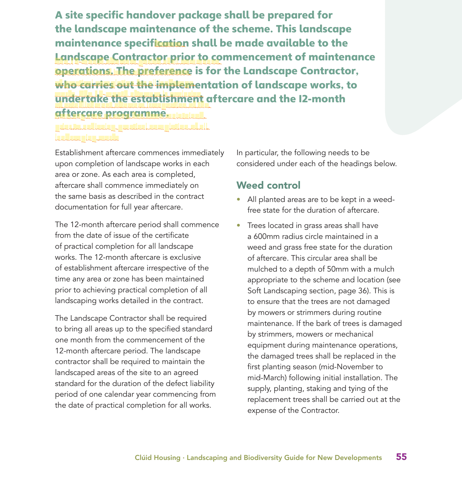 Excerpt from 1_2. Pre Qualification-2. Pre Qualification-Appendices-4. Landscaping and Biodiversity Guide.pdf page 55 highlighting: 'The 12-month aftercare period shall commence from the date of issue of the certificate of practical completion for all l…'