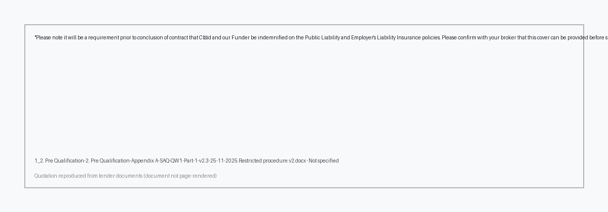 Excerpt from 1_2. Pre Qualification-2. Pre Qualification-Appendix A-SAQ-QW1-Part-1-v2.3-25-11-2025.Restricted procedure v2.docx page unknown highlighting: 'Please note it will be a requirement prior to conclusion of contract that Clúid and our Funder be indemnified on the Pub…'