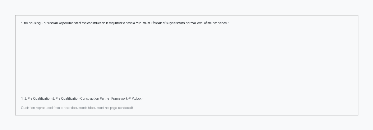 Excerpt from 1_2. Pre Qualification-2. Pre Qualification-Construction Partner Framework-PIM.docx page unknown highlighting: 'The housing unit and all key elements of the construction is required to have a minimum lifespan of 60 years with normal…'