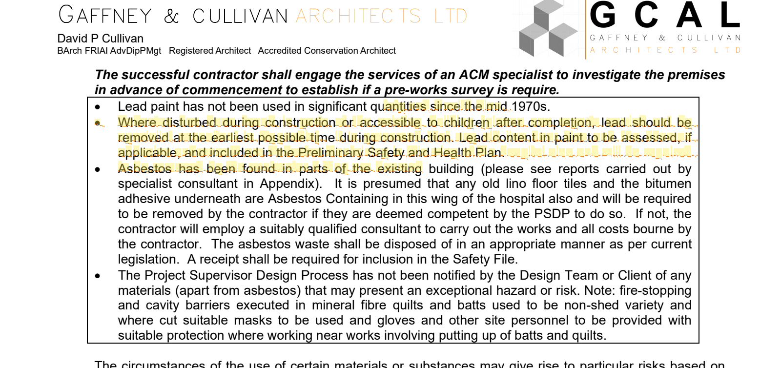 Excerpt from 1_03.Exact Tender Issued-03.Exact Tender Issued-26-039 GCAL CCRFC PHSP ver 1.pdf page 9 highlighting: 'Asbestos has been found in parts of the existing building (please see reports carried out by specialist consultant in Ap…'