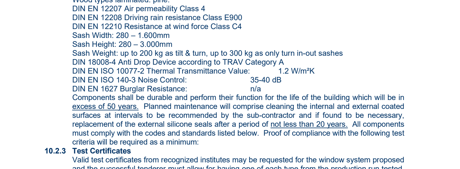 Excerpt from 1_03.Exact Tender Issued-03.Exact Tender Issued-26-039 GCAL CCRFC Specification 1.pdf page 42 highlighting: 'Components shall be durable and perform their function for the life of the building which will be in excess of 50 years.'