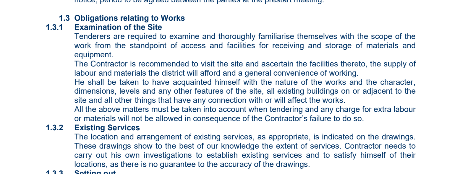 Excerpt from 1_03.Exact Tender Issued-03.Exact Tender Issued-26-039 GCAL CCRFC Specification 1.pdf page 6 highlighting: 'He shall be taken to have acquainted himself with the nature of the works and the character, dimensions, levels and any …'