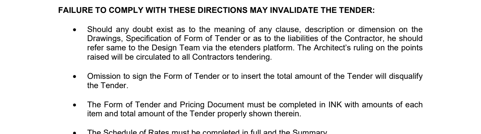 Excerpt from 1_03.Exact Tender Issued-03.Exact Tender Issued-26-039 GCAL CCRFC DirectionsforTendering ver1.pdf page 1 highlighting: 'Omission to sign the Form of Tender or to insert the total amount of the Tender will disqualify the Tender.'