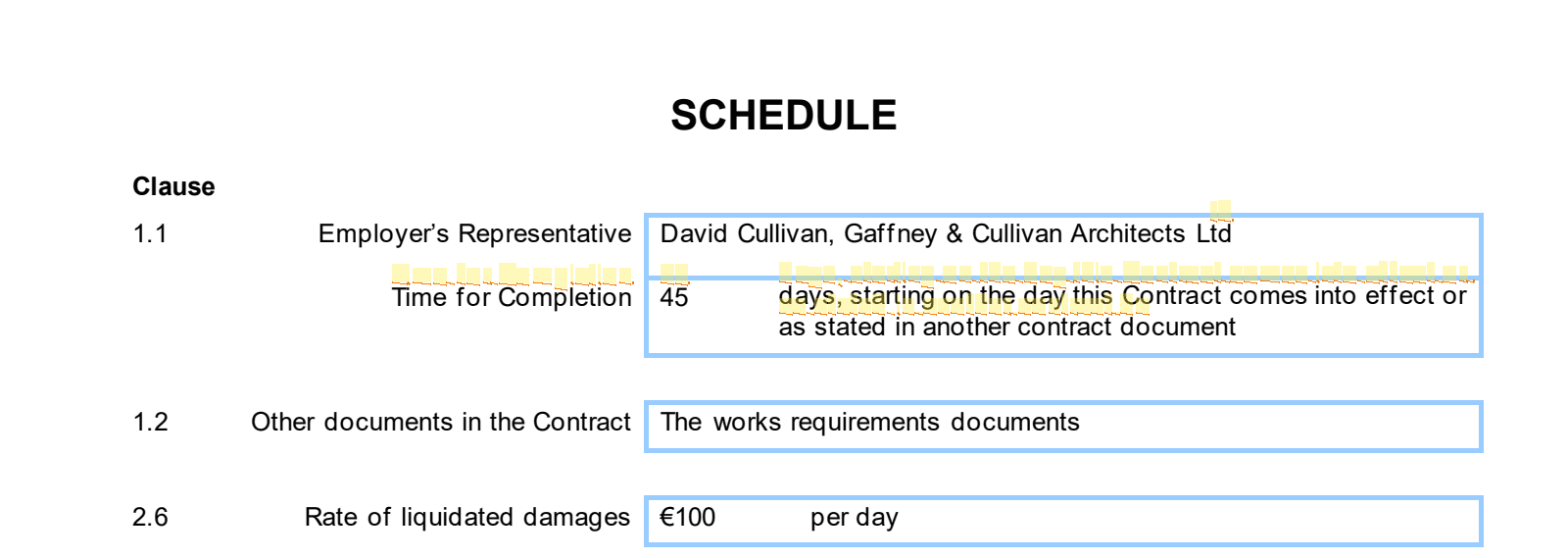 Excerpt from 1_03.Exact Tender Issued-03.Exact Tender Issued-26-039 GCAL CCRFC FTS.pdf page 3 highlighting: 'Time for Completion 45 days, starting on the day this Contract comes into effect or as stated in another contract docume…'