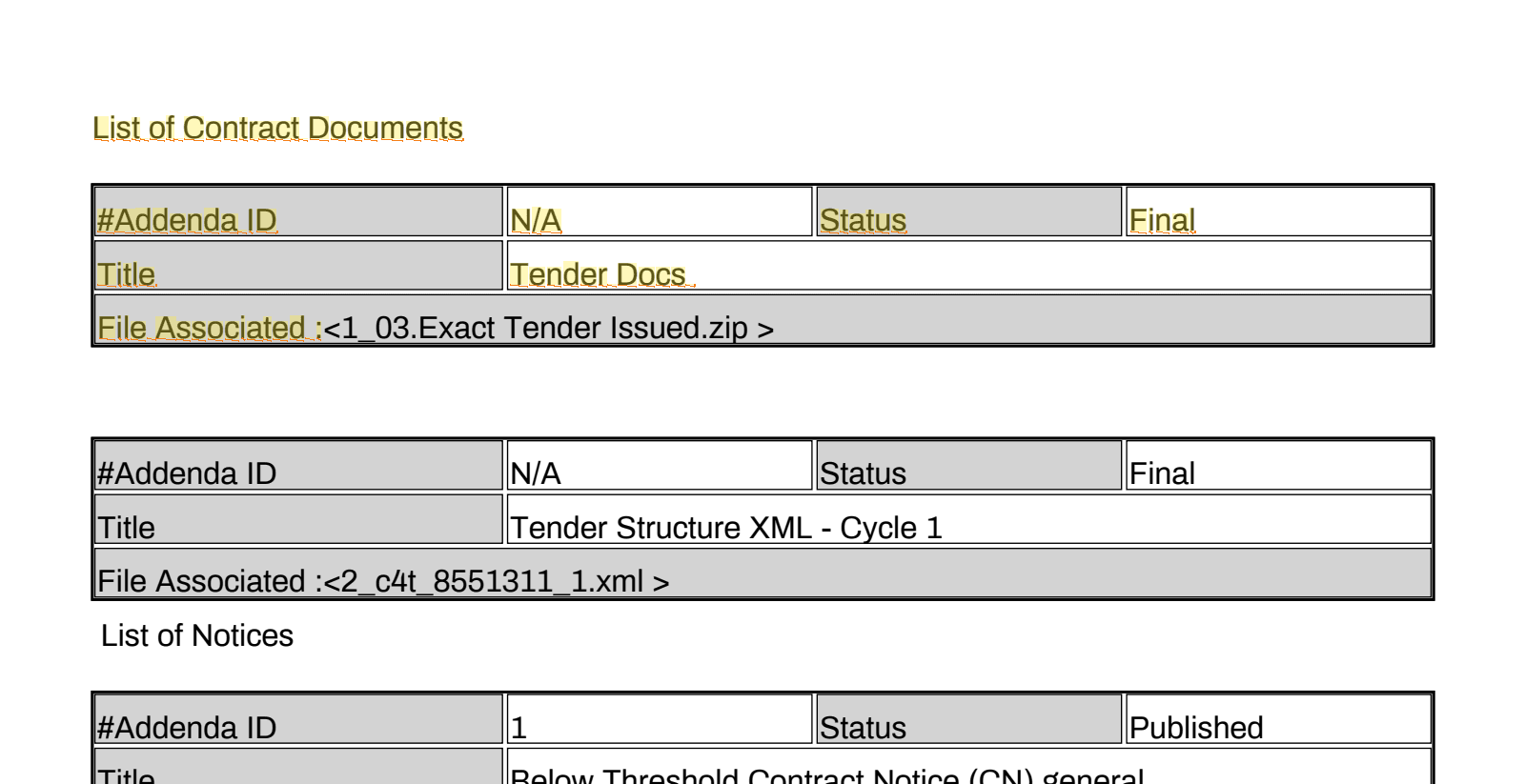 Excerpt from 134572_8551311.pdf page 1 highlighting: '134572_8551311.pdf List of Contract Documents #Addenda ID N/A Status Final Title Tender Docs File Associated :<1_0'