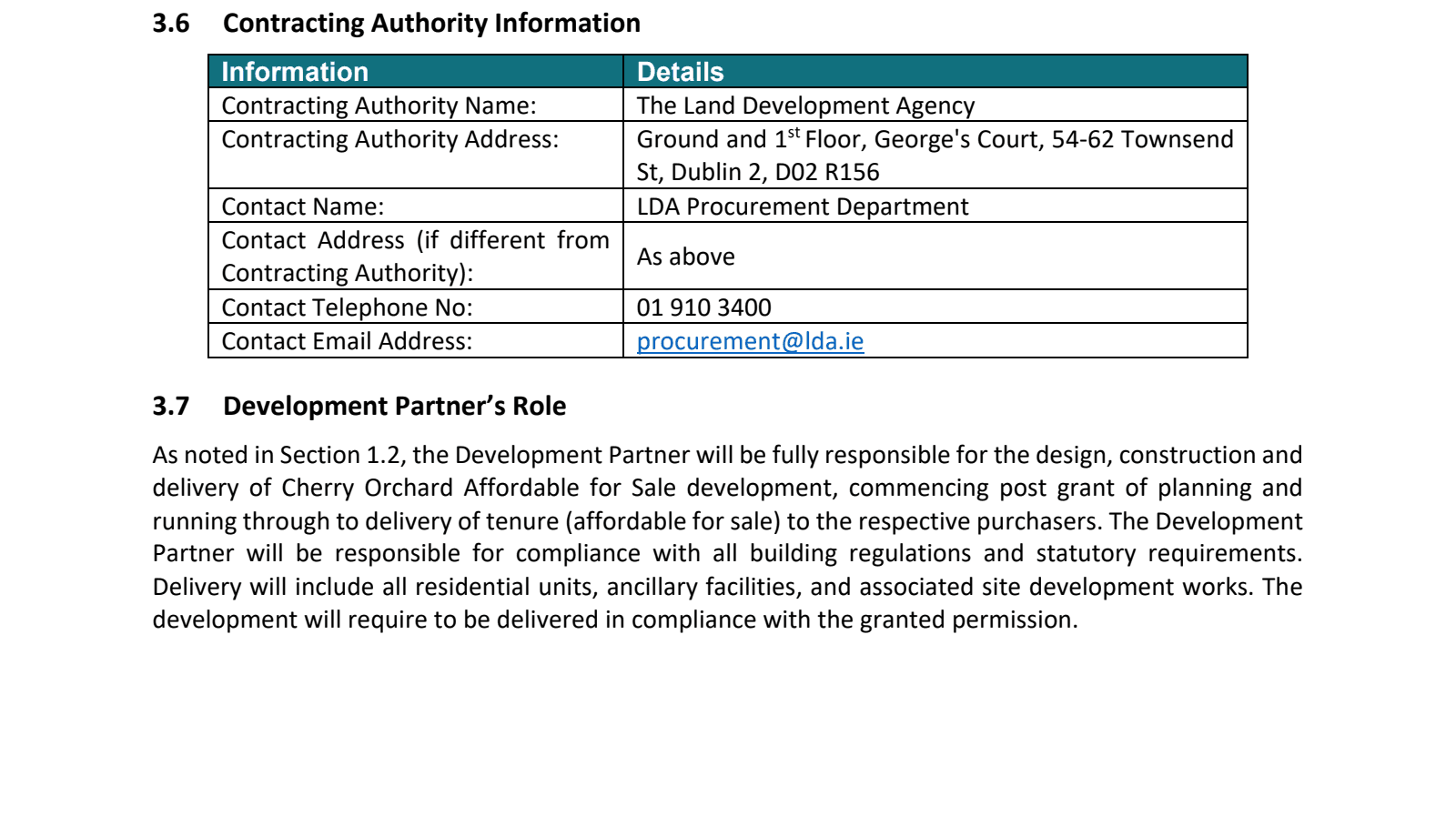 Excerpt from 1_LDA Cherry Orchard AFS - Development Partner PQQ_PRO405_24.07.26-LDA Cherry Orchard AFS - Development Partner PQQ_PRO405_24.07.26.pdf page 14 highlighting: 'As noted in Section 1.2, the Development Partner will be fully responsible for the design, construction and delivery of …'