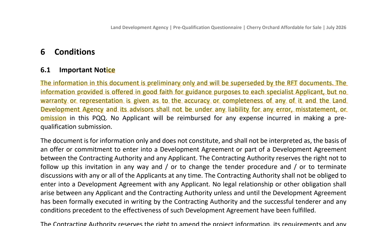Excerpt from 1_LDA Cherry Orchard AFS - Development Partner PQQ_PRO405_24.07.26-LDA Cherry Orchard AFS - Development Partner PQQ_PRO405_24.07.26.pdf page 27 highlighting: 'The information in this document is preliminary only and will be superseded by the RFT documents. The information provid…'