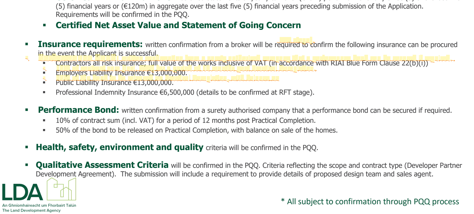 Excerpt from 1_LDA Cherry Orchard AFS - Development Partner PQQ_PRO405_24.07.26-Appendix B - Presentation-LDA_Cherry Orchard AFS Market Engagement Event.pdf page 36 highlighting: 'Performance Bond: written confirmation from a surety authorised company that a performance bond can be secured if requir…'