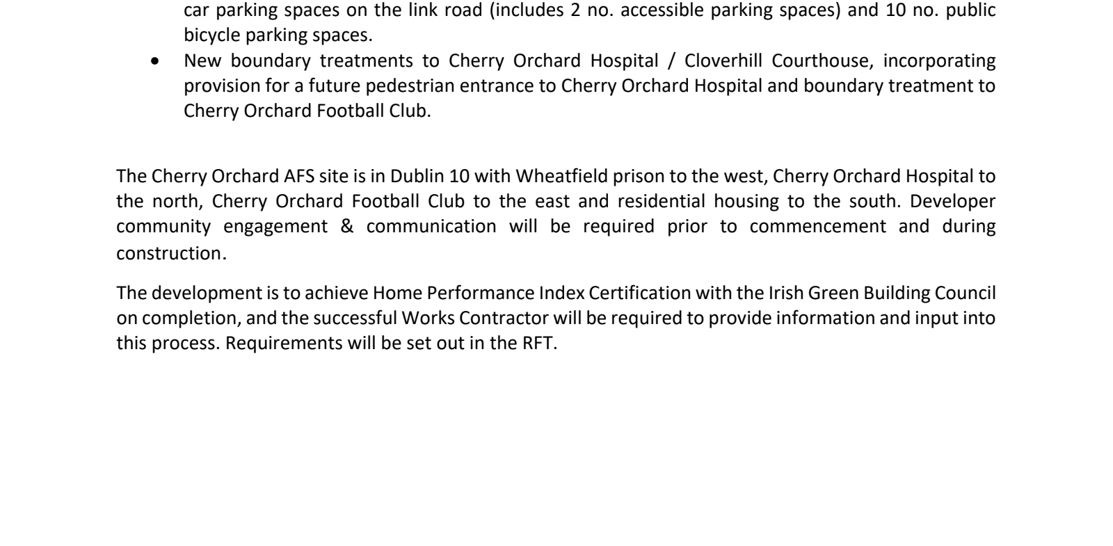Excerpt from 1_LDA Cherry Orchard AFS - Development Partner PQQ_PRO405_24.07.26-LDA Cherry Orchard AFS - Development Partner PQQ_PRO405_24.07.26.pdf page 5 highlighting: 'The development is to achieve Home Performance Index Certification with the Irish Green Building Council on completion, …'